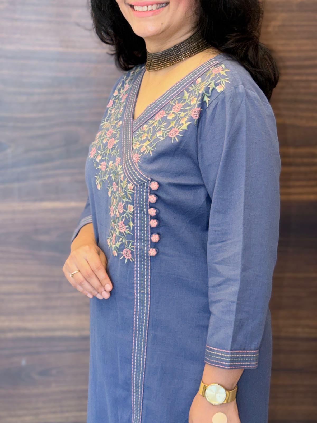 Blue Cotton Flex Angarkha Kurti-Pant Set