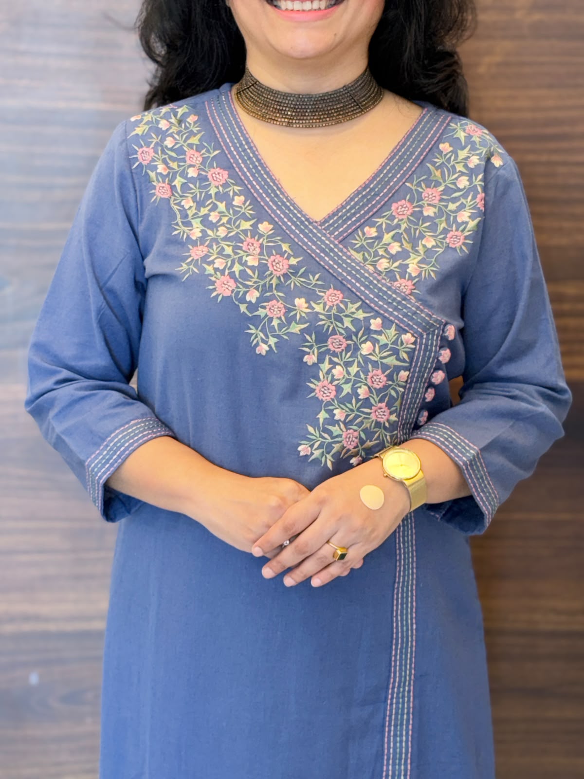 Blue Cotton Flex Angarkha Kurti-Pant Set