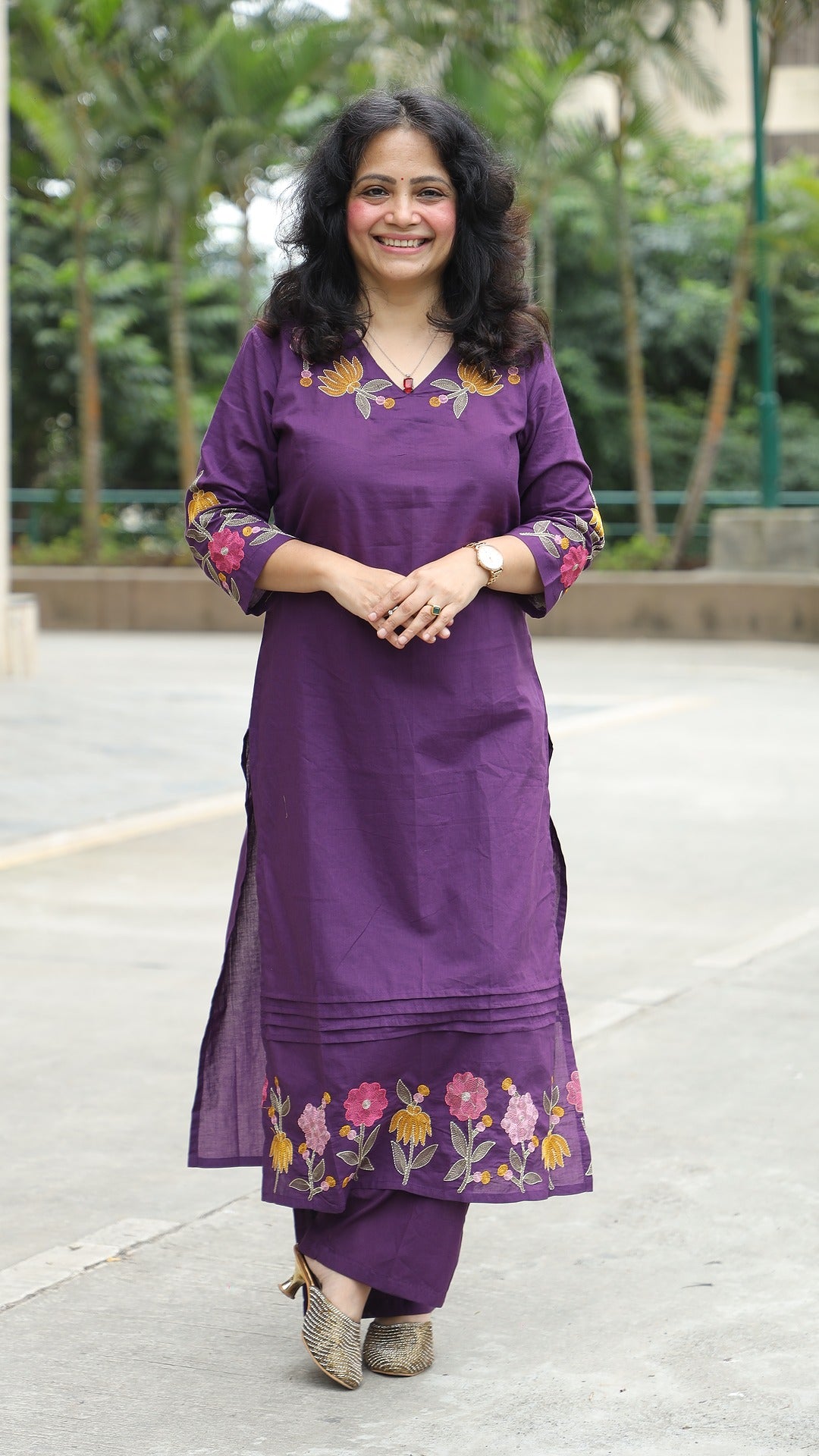 Purple Color Cotton Kurti-Palazzo Set