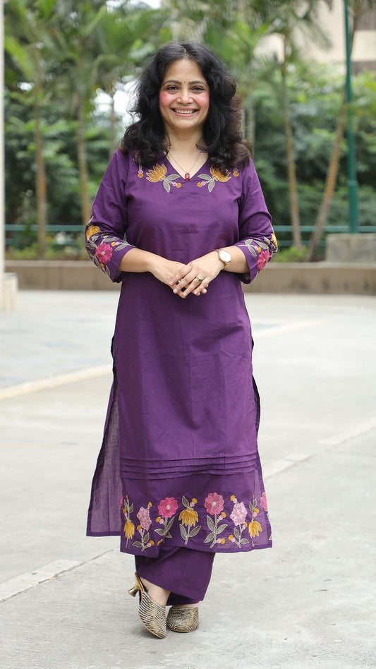 Purple Color Cotton Kurti-Palazzo Set