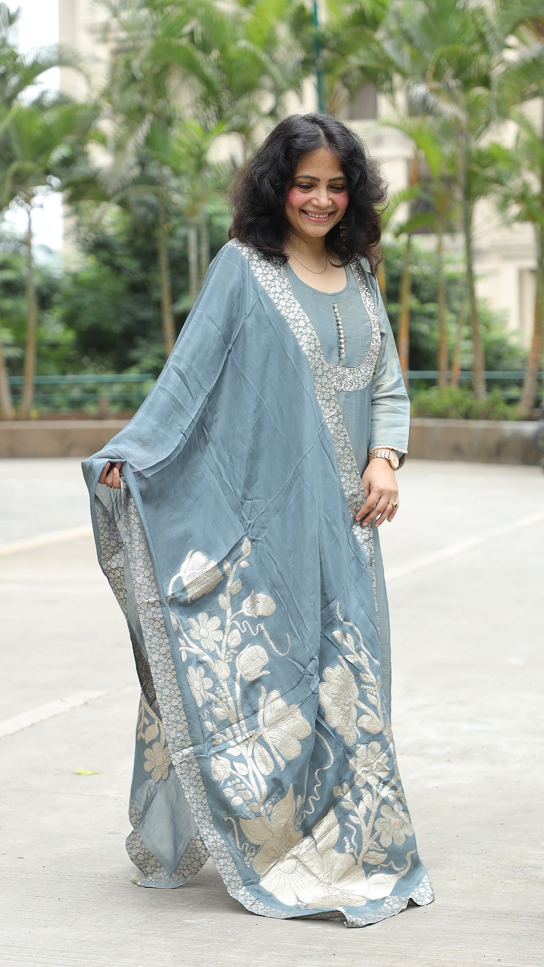 Grey Colour Tissue Silk Banarsi Dupatta Set