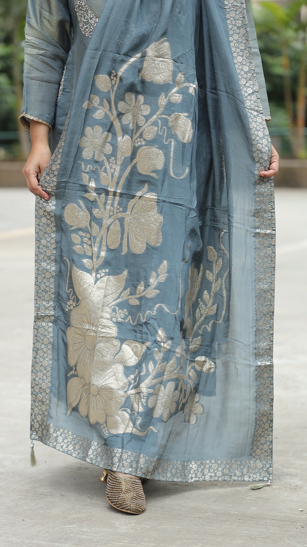 Grey Colour Tissue Silk Banarsi Dupatta Set
