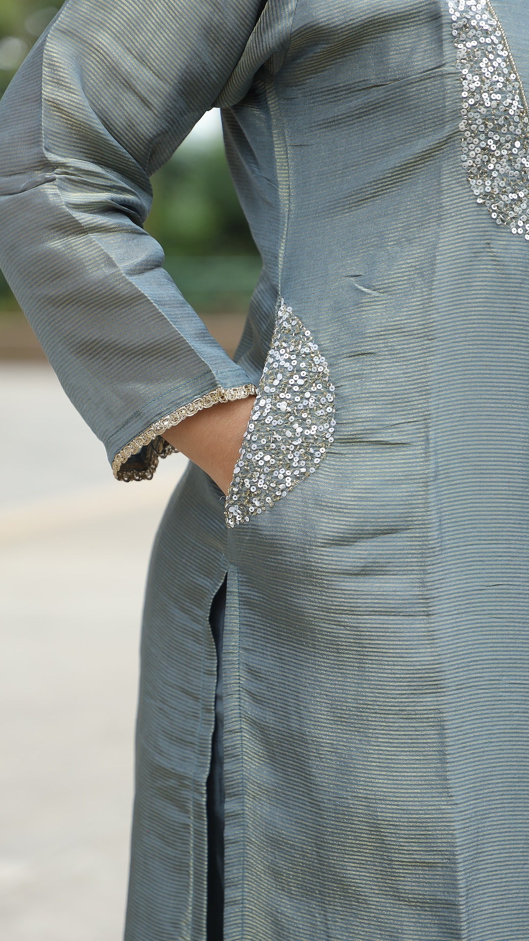 Grey Colour Tissue Silk Banarsi Dupatta Set