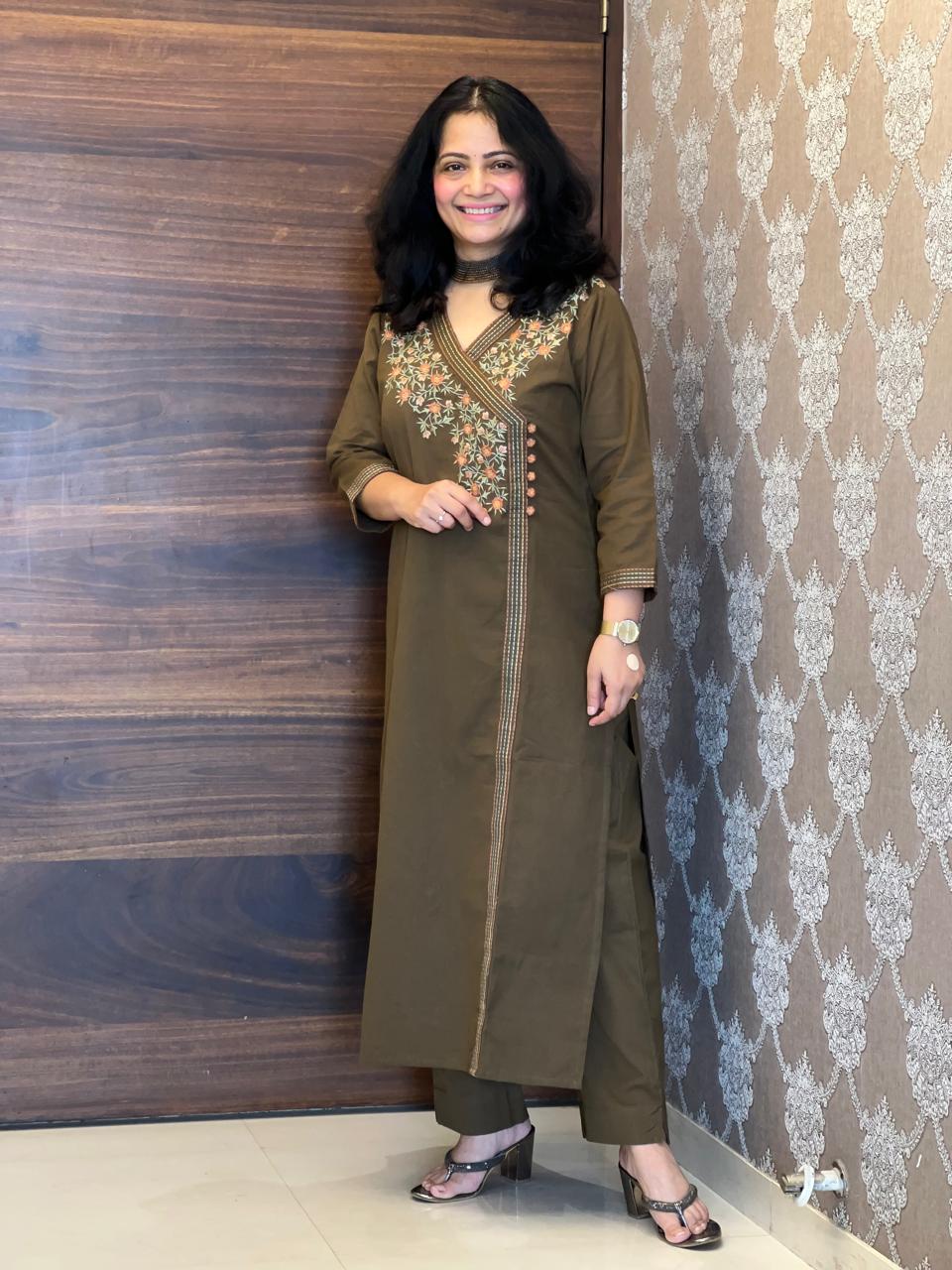 Muted Olive Brown Cotton Flex Angarkha Kurti-Pant Set