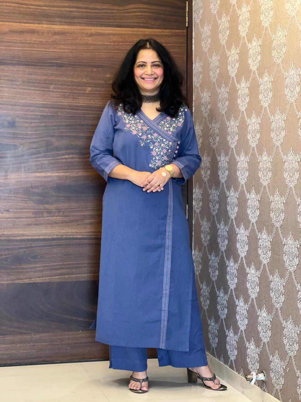 Blue Cotton Flex Angarkha Kurti-Pant Set
