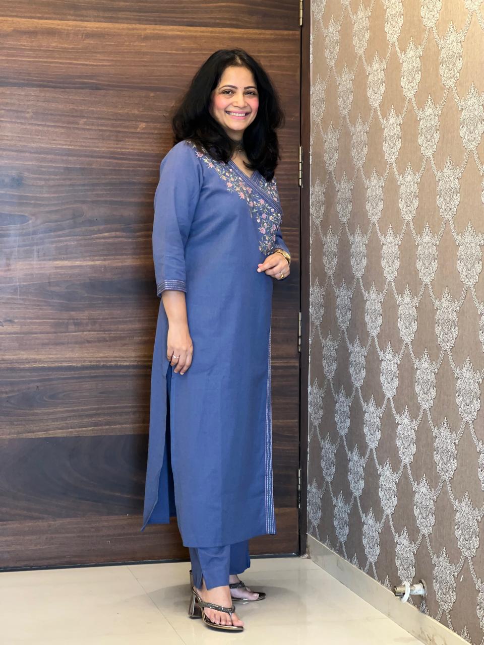 Blue Cotton Flex Angarkha Kurti-Pant Set
