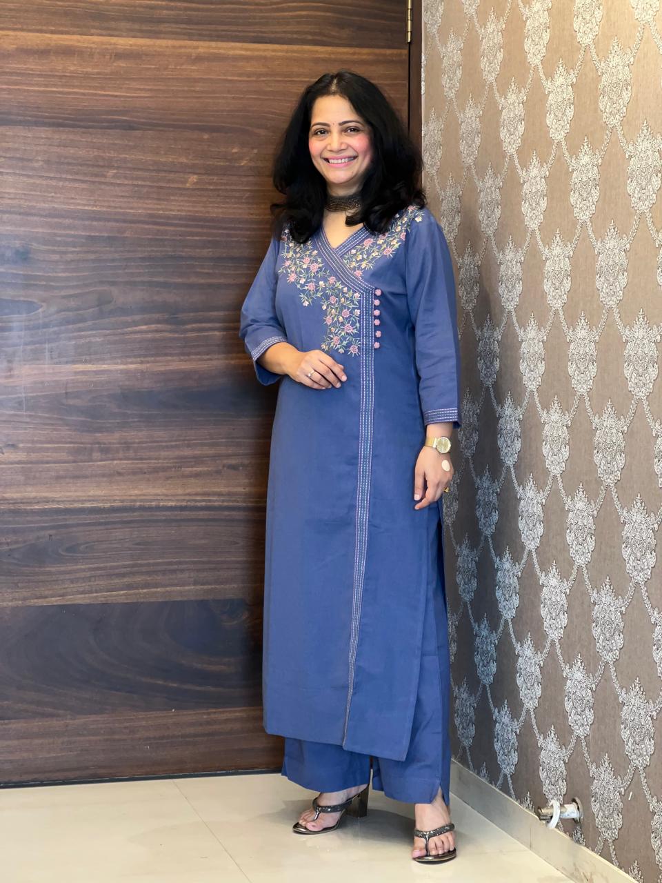 Blue Cotton Flex Angarkha Kurti-Pant Set