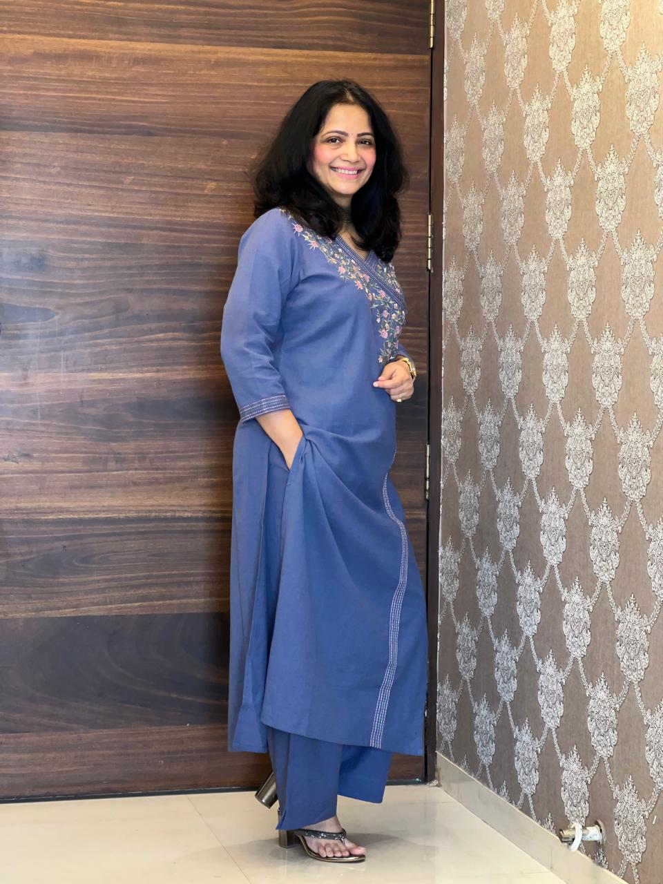 Blue Cotton Flex Angarkha Kurti-Pant Set
