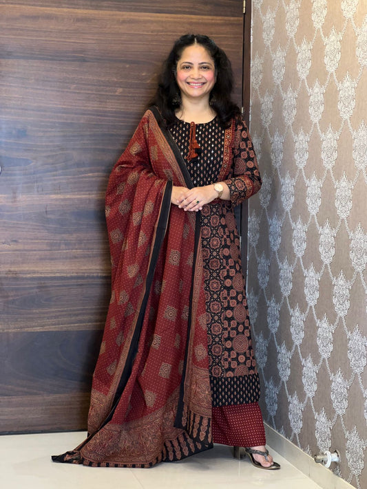 Black Ajrakh Pure Cotton Dupatta Set