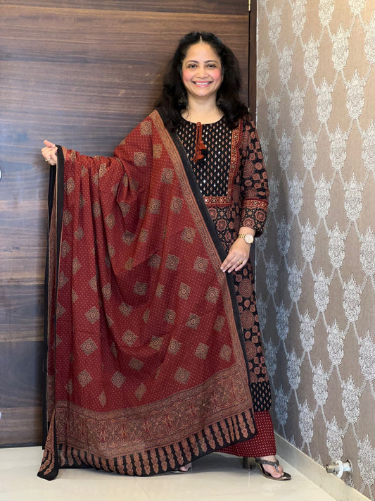 Black Ajrakh Pure Cotton Dupatta Set