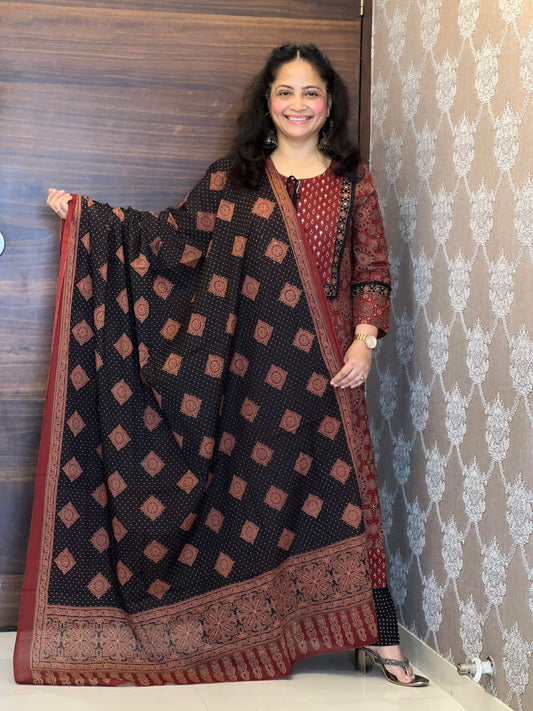 Rust Colour Ajrakh Pure Cotton Dupatta Set