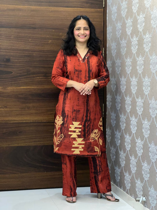 Rust Colour Cotton Kurti-Pant Set