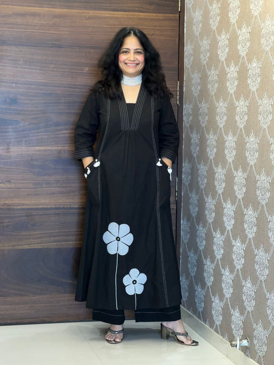 Black Colour Premium Cotton Kurti-Pant Set