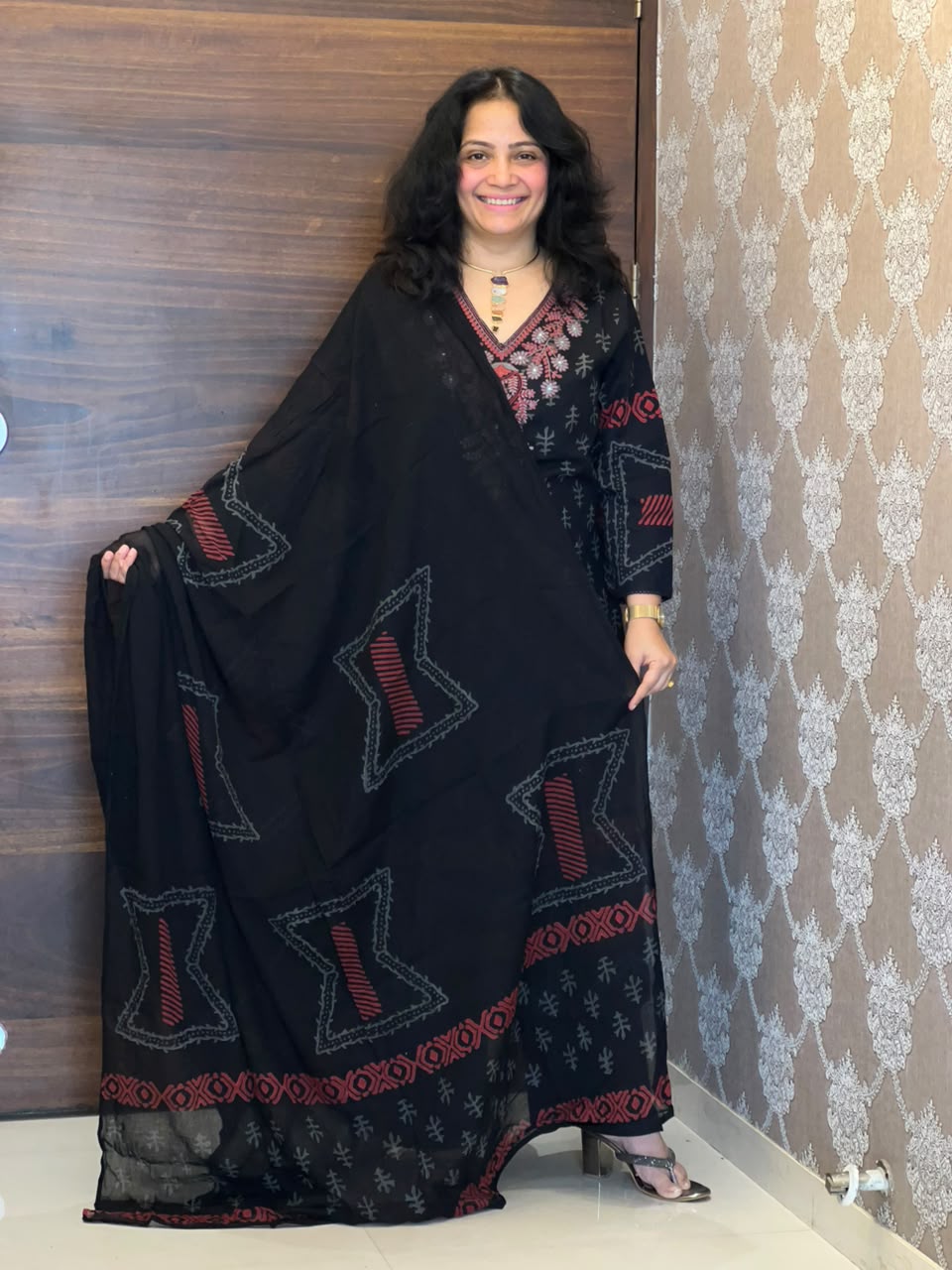 Black Color Block-Printed Pure Cotton Dupatta Set With Heavy Neck