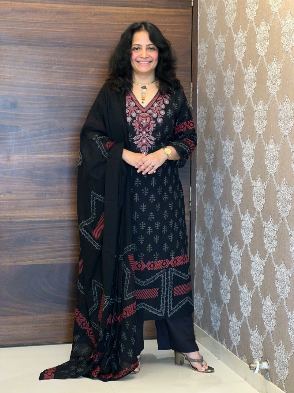 Black Color Block-Printed Pure Cotton Dupatta Set With Heavy Neck