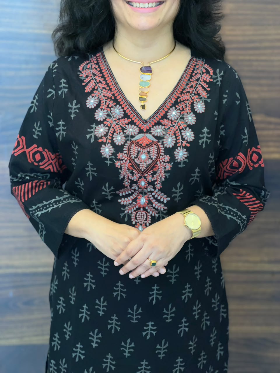 Black Color Block-Printed Pure Cotton Dupatta Set With Heavy Neck