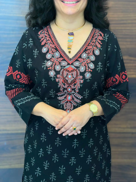 Black Color Block-Printed Pure Cotton Dupatta Set With Heavy Neck