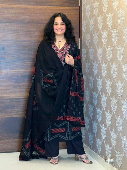 Black Color Block-Printed Pure Cotton Dupatta Set With Heavy Neck
