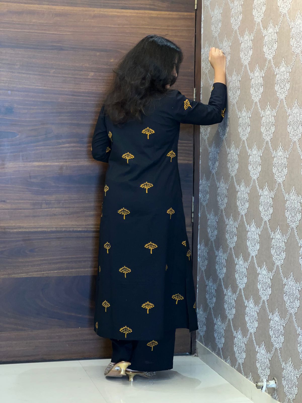 Black Color Dabu Hand Block Print Pure Cotton A Line Kurti With Palazzo