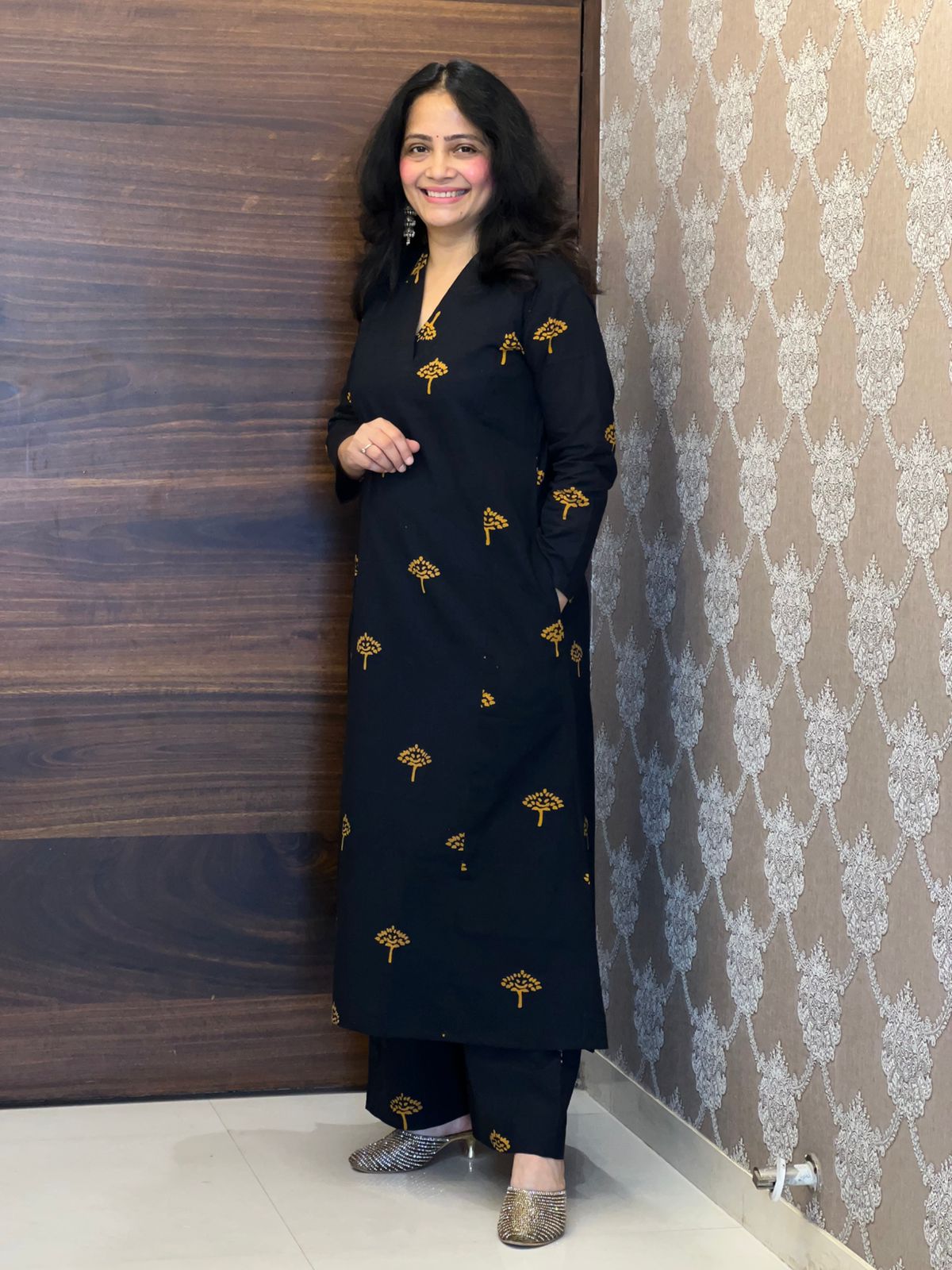 Black Color Dabu Hand Block Print Pure Cotton A Line Kurti With Palazzo