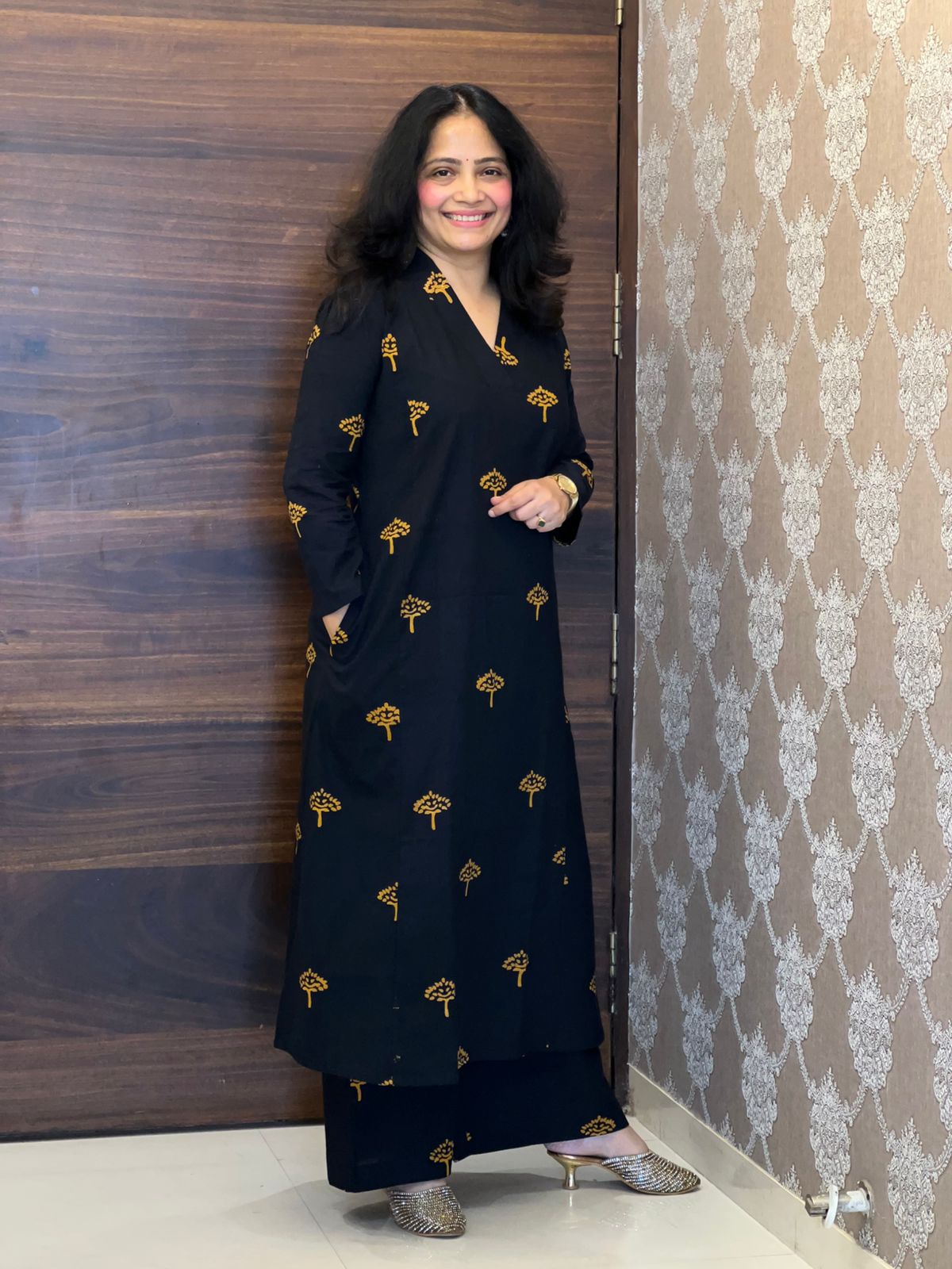 Black Color Dabu Hand Block Print Pure Cotton A Line Kurti With Palazzo