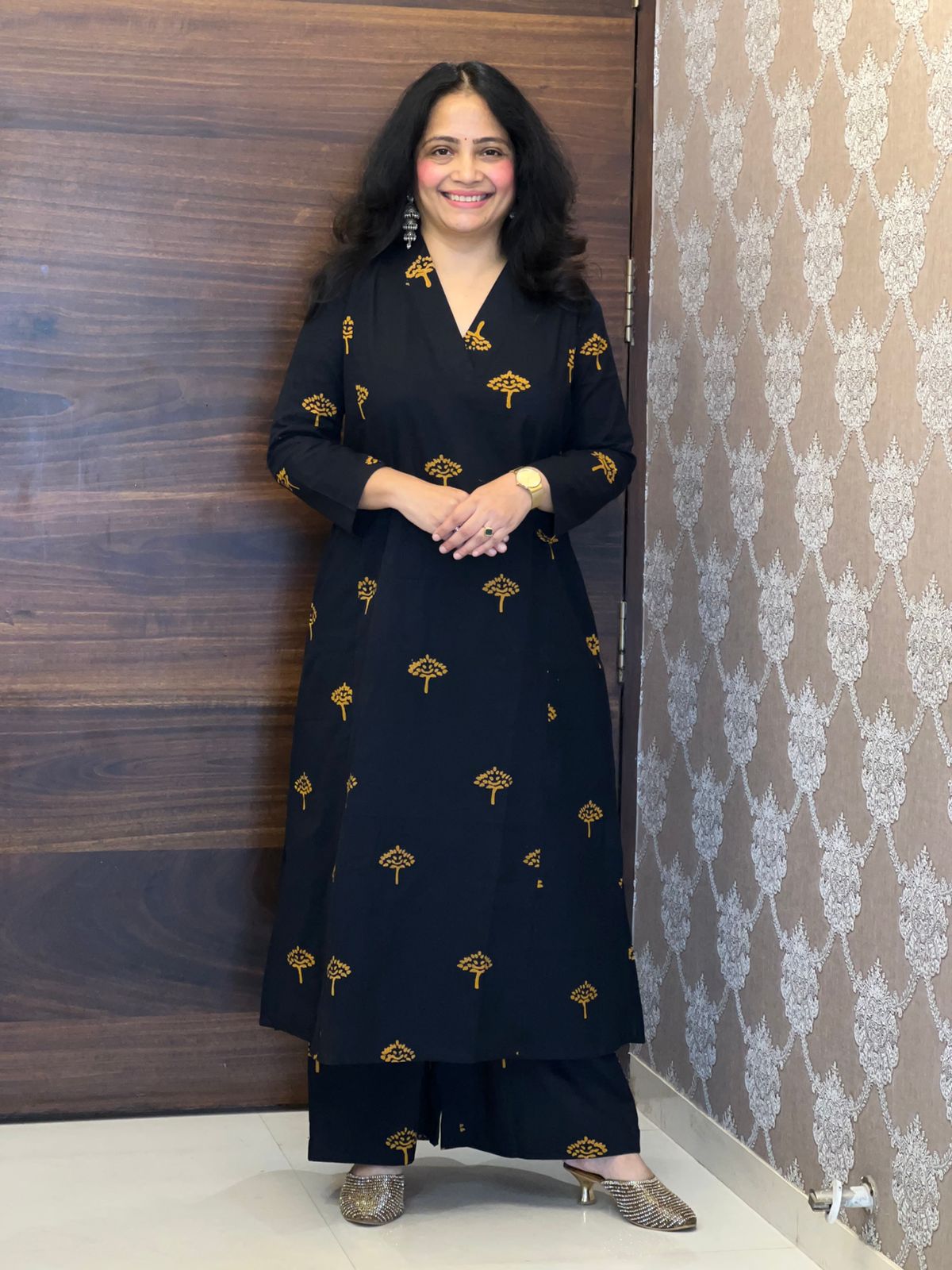 Black Color Dabu Hand Block Print Pure Cotton A Line Kurti With Palazzo