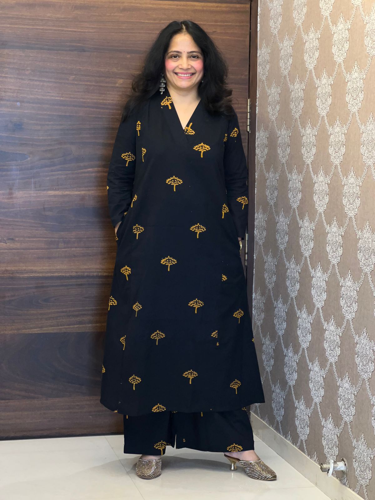 Black Color Dabu Hand Block Print Pure Cotton A Line Kurti With Palazzo