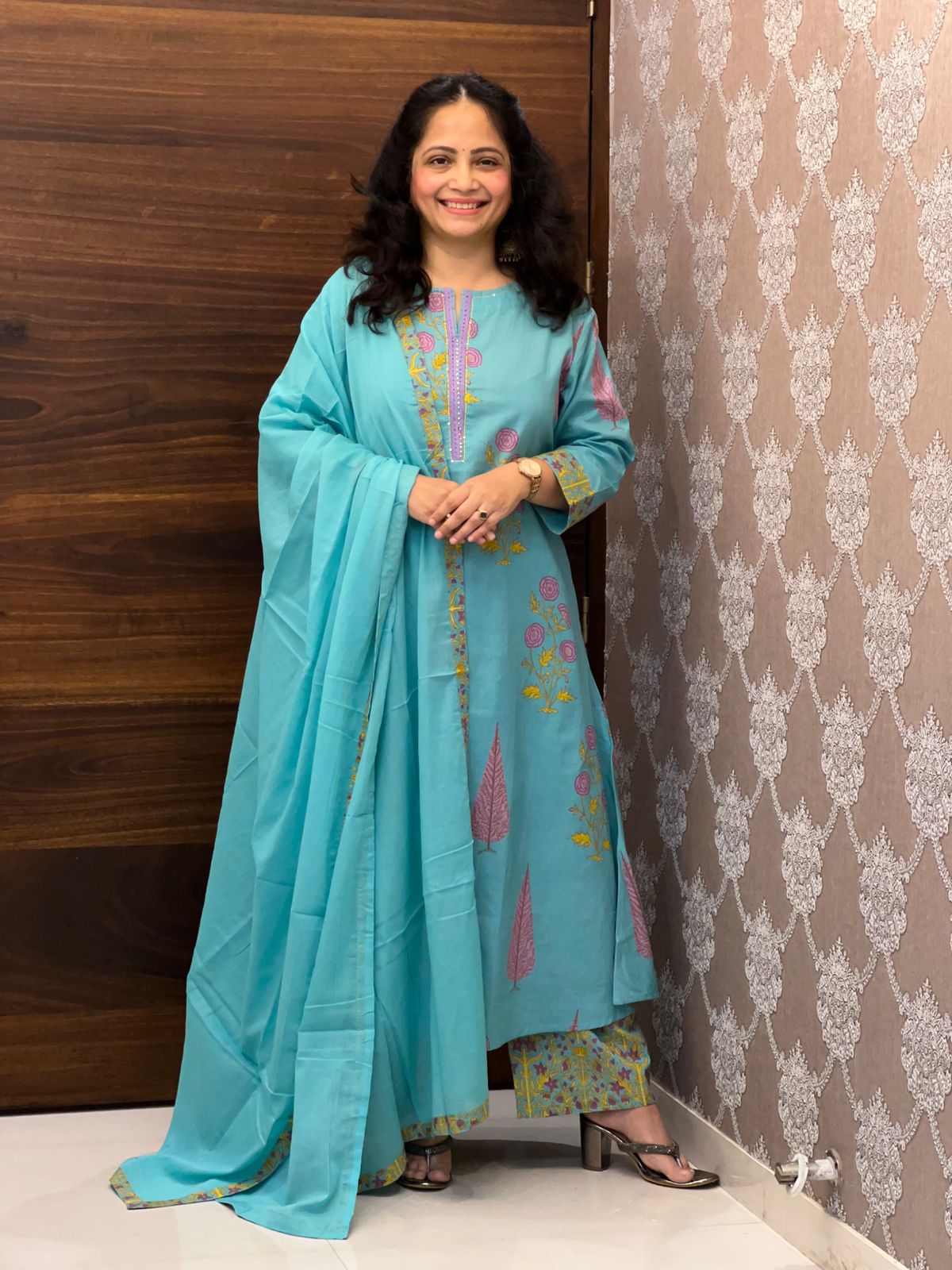 Blue Colour Pure Cotton Block Print Dupatta Set