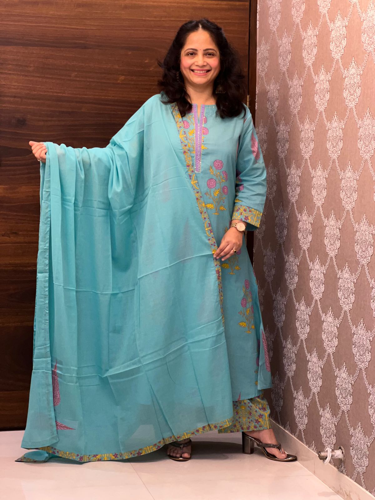 Blue Colour Pure Cotton Block Print Dupatta Set