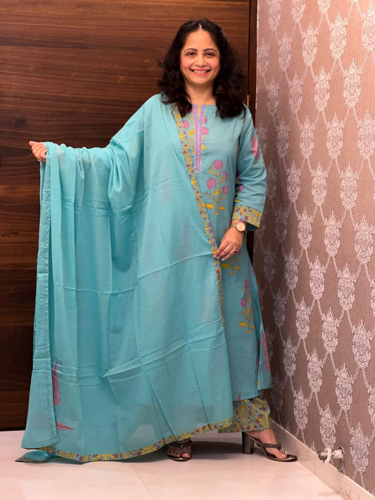Blue Colour Pure Cotton Block Print Dupatta Set