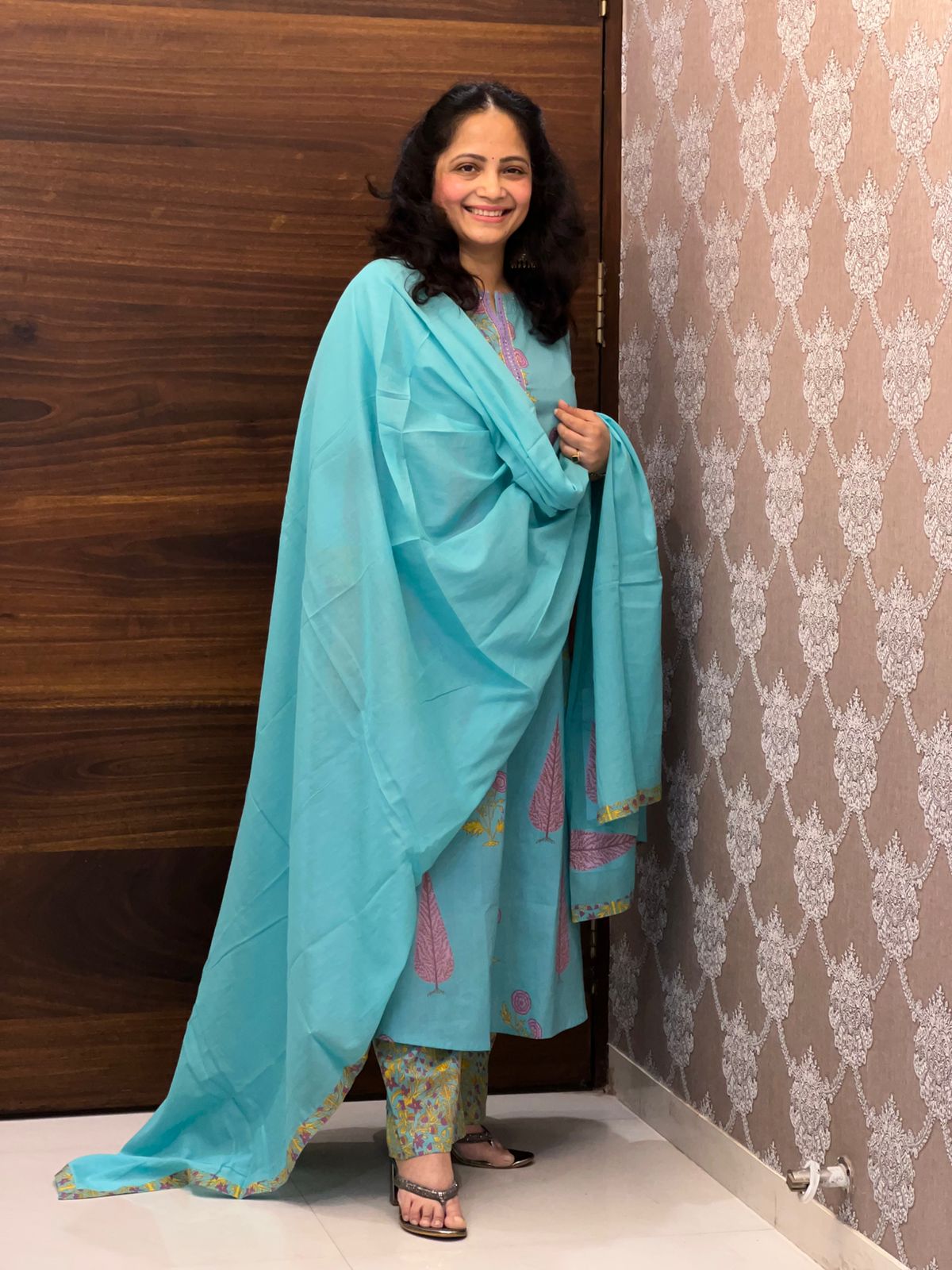 Blue Colour Pure Cotton Block Print Dupatta Set