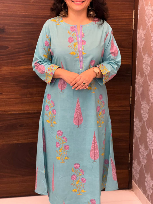 Blue Colour Pure Cotton Block Print Dupatta Set