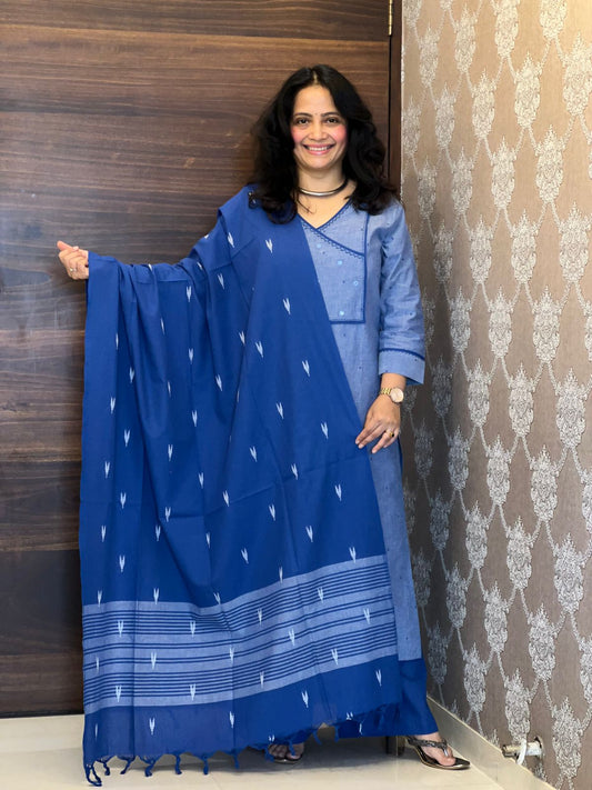 Blue Colour Handloom Cotton With Jacquard Weaving Dupatta Set