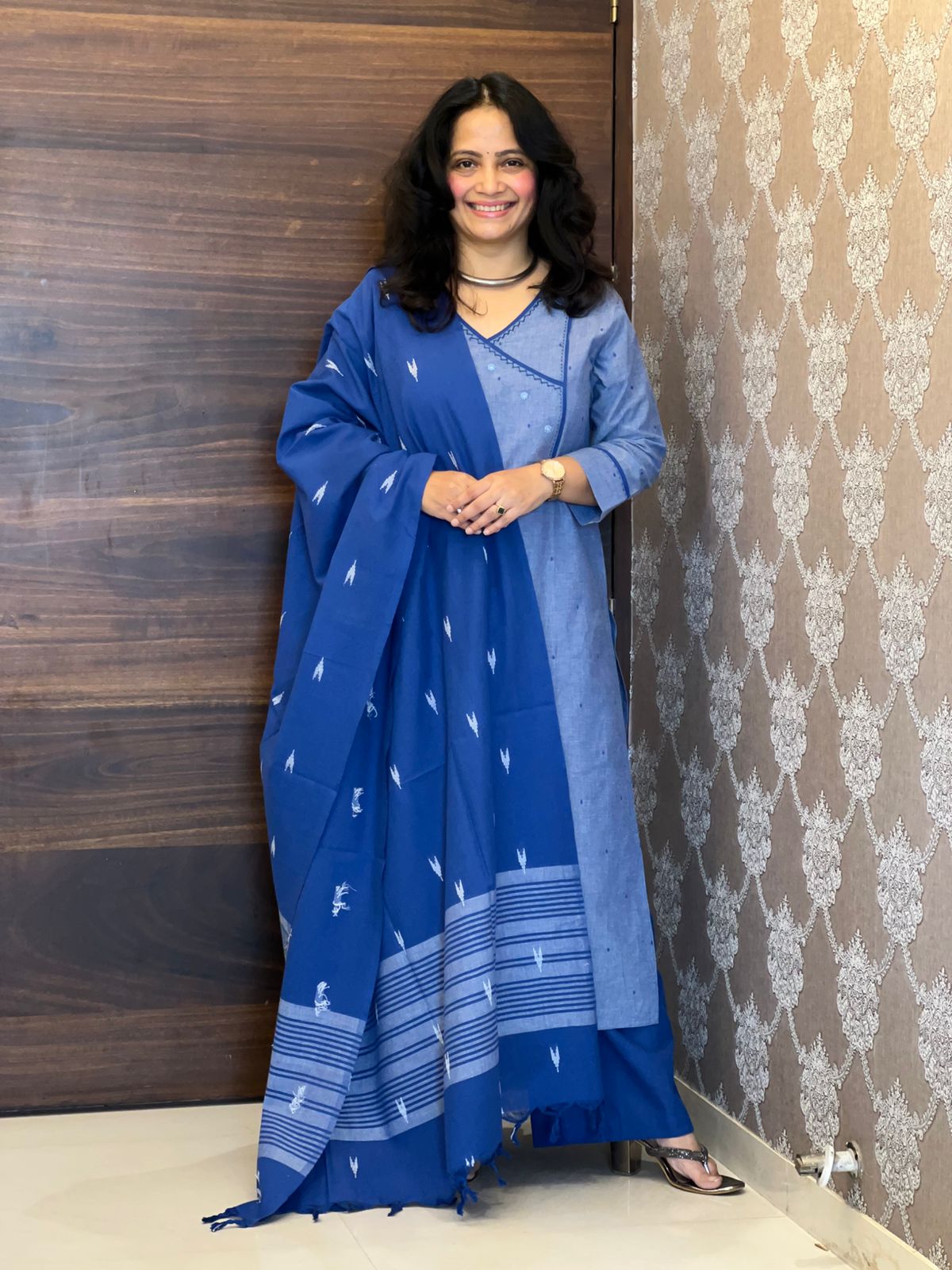 Blue Colour Handloom Cotton With Jacquard Weaving Dupatta Set