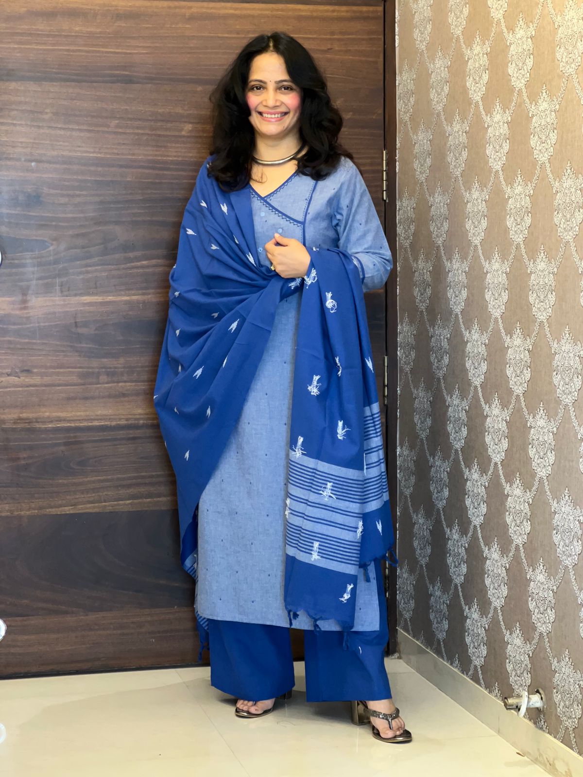 Blue Colour Handloom Cotton With Jacquard Weaving Dupatta Set