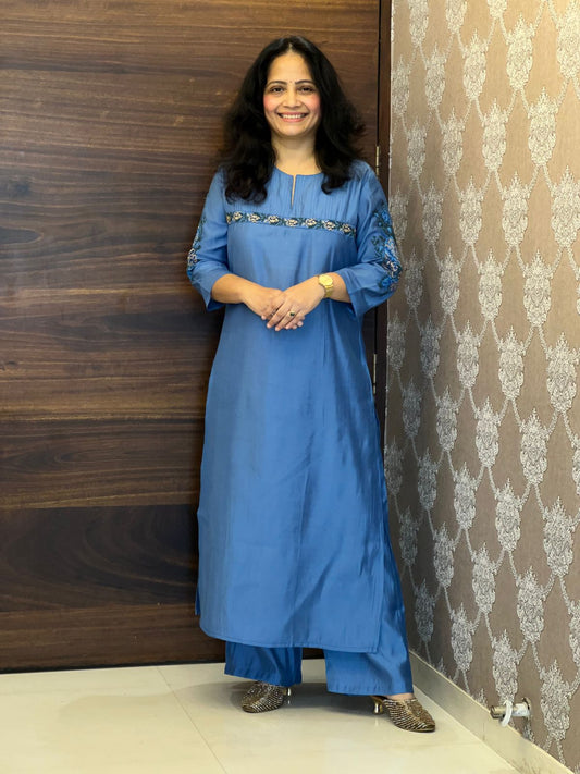 Blue Modal Muslin Kurti-Pant Set