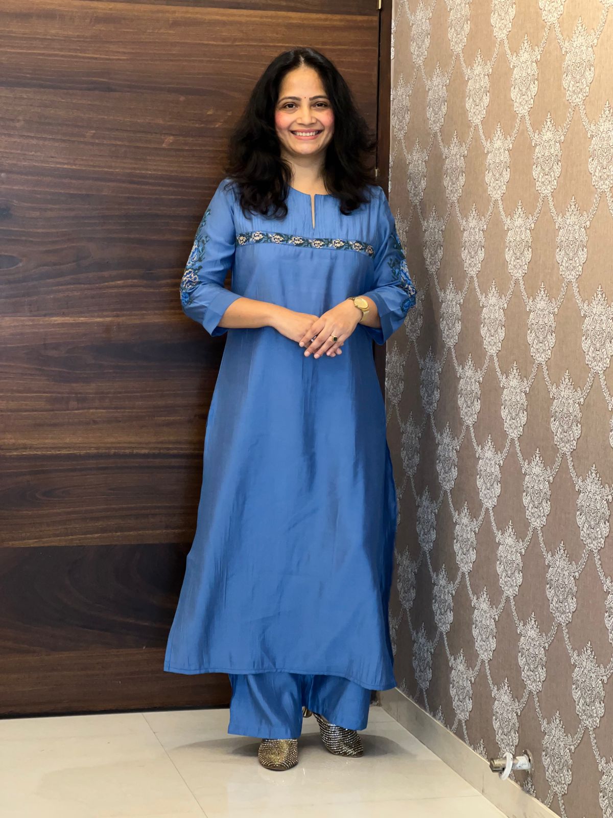 Blue Modal Muslin Kurti-Pant Set