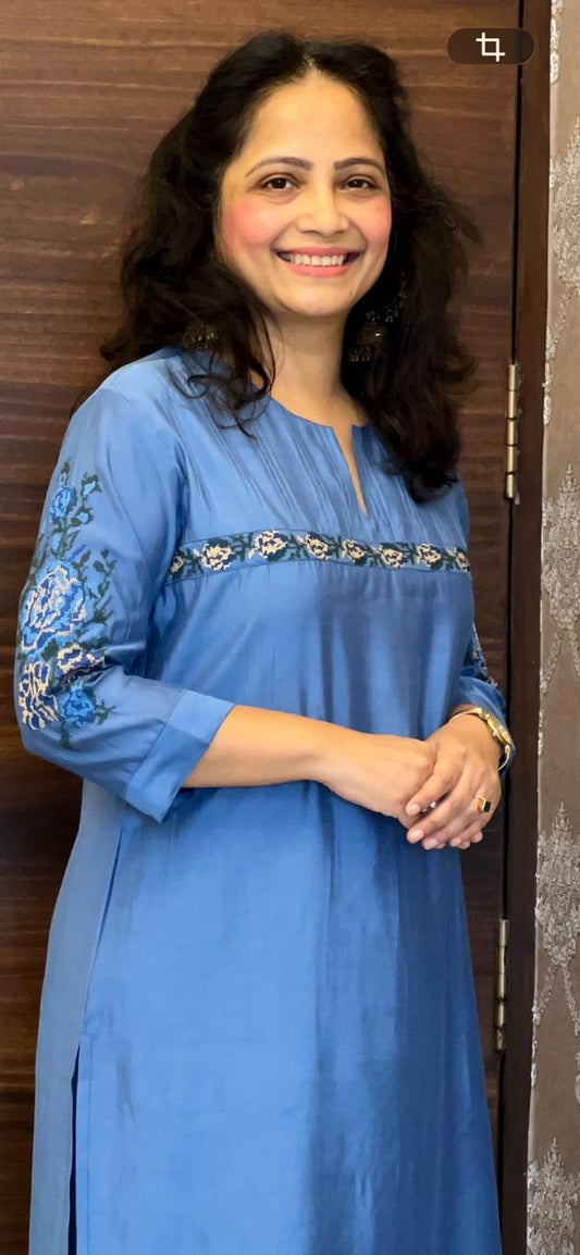 Blue Modal Muslin Kurti-Pant Set