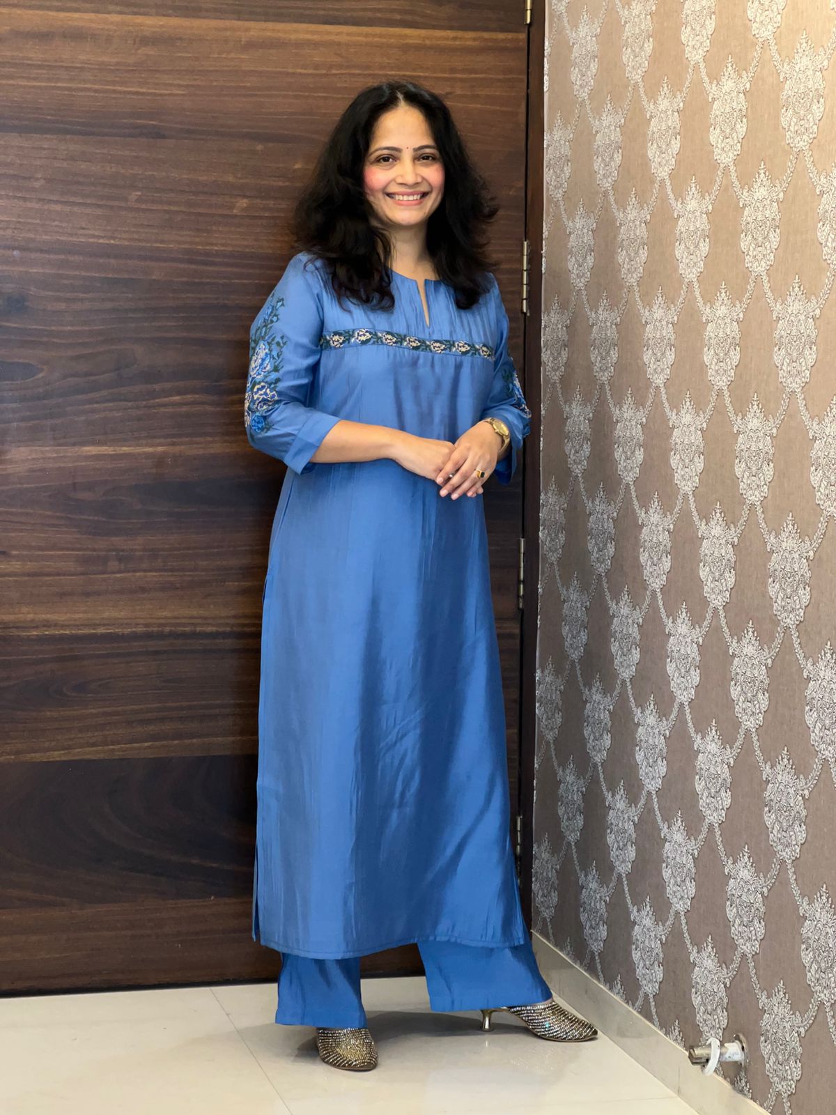 Blue Modal Muslin Kurti-Pant Set