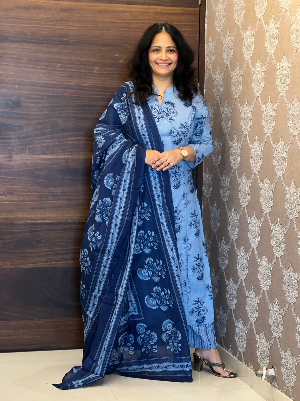 Light Blue Colour Angrakha Style Pure Cotton Dupatta Set