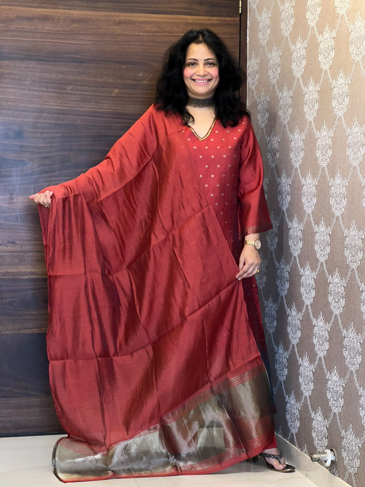 Rust Color Chanderi Silk Dupatta Set