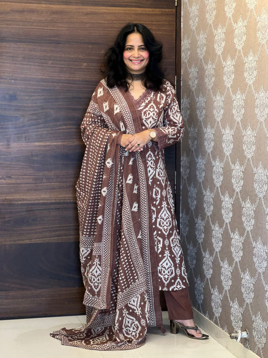 Brown Colour Ikkat Print Pure Cotton Dupatta Set