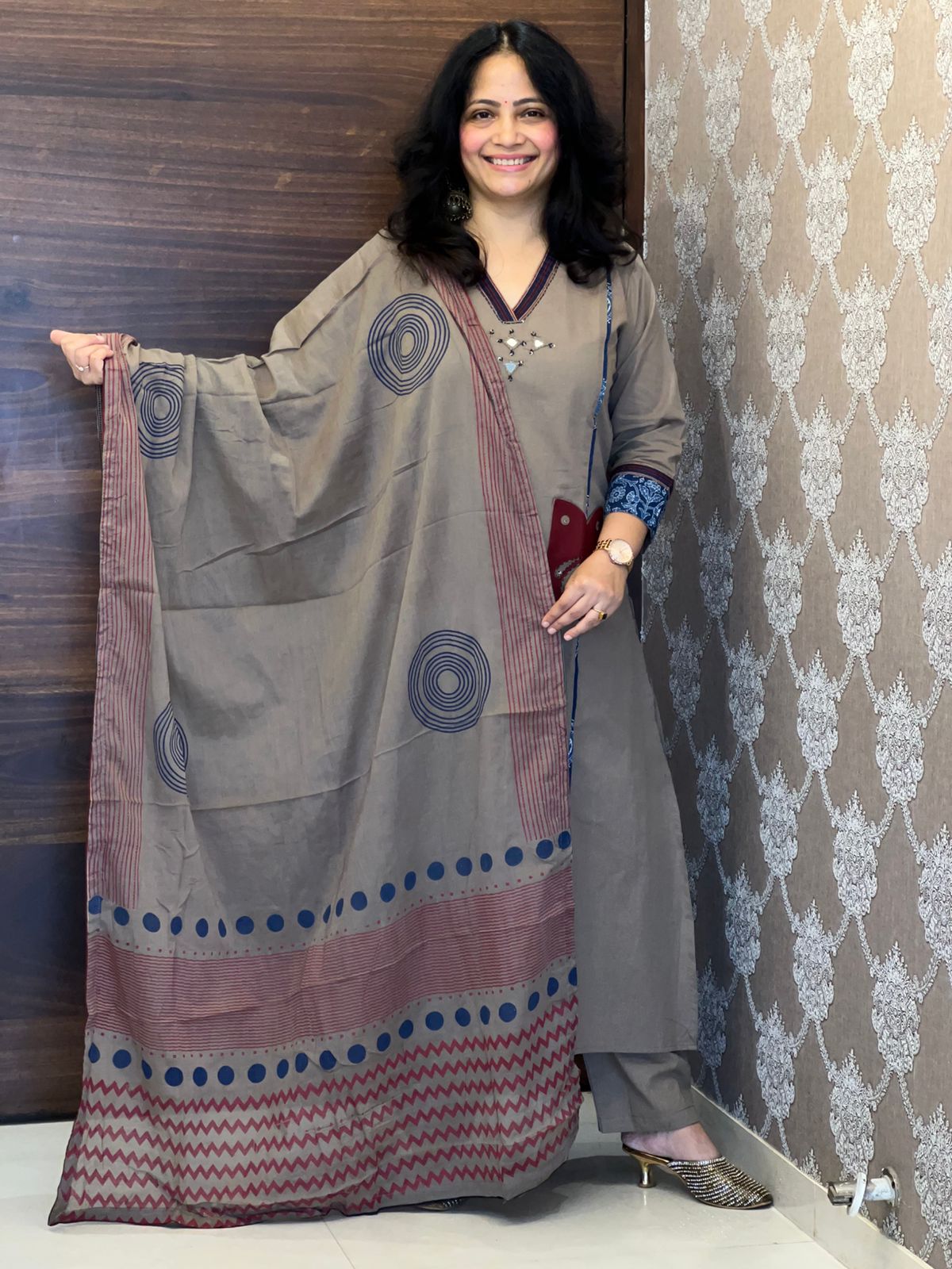 Grey-Brown Colour Pure Cotton Dupatta Set