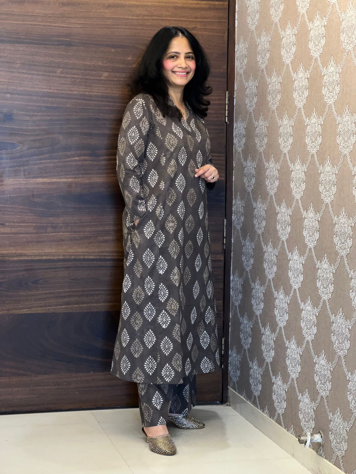 Brownish-Grey Color Dabu Hand Block Print Pure Cotton A Line Kurti With Palazzo