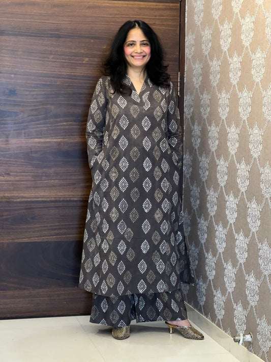 Brownish-Grey Color Dabu Hand Block Print Pure Cotton A Line Kurti With Palazzo