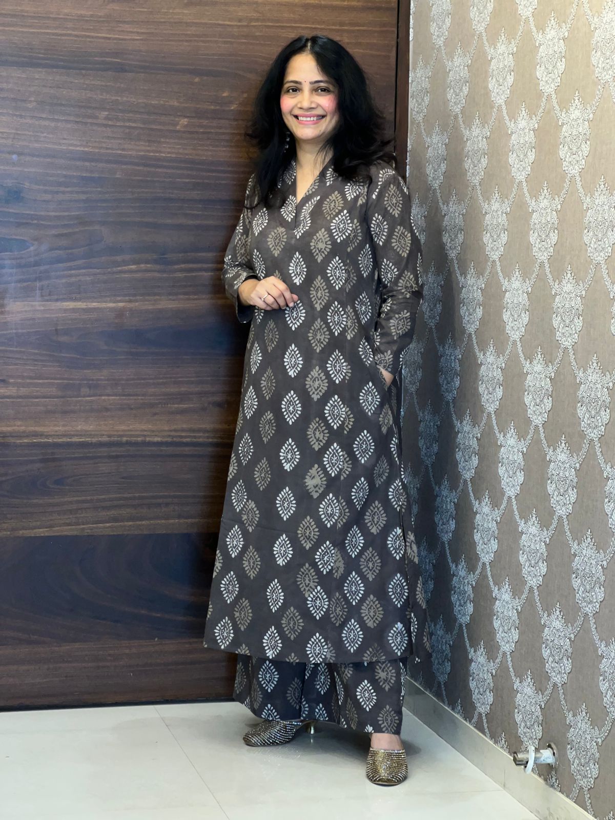 Brownish-Grey Color Dabu Hand Block Print Pure Cotton A Line Kurti With Palazzo