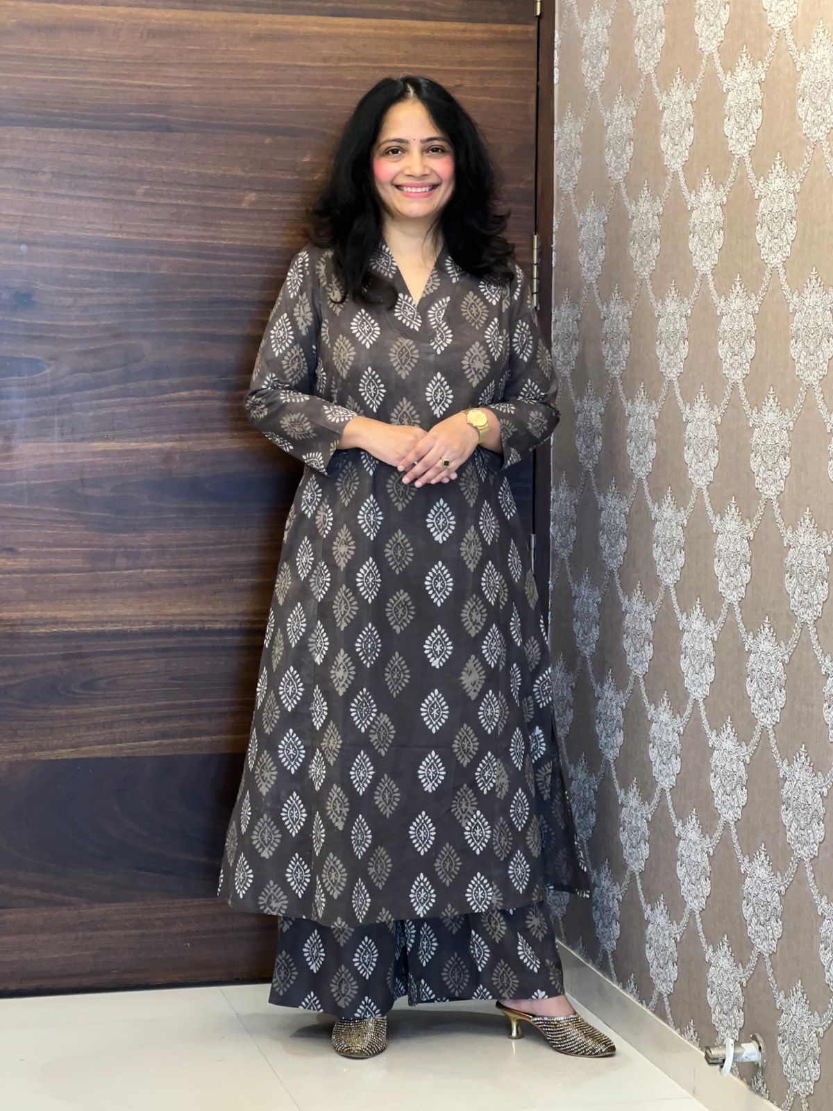 Brownish-Grey Color Dabu Hand Block Print Pure Cotton A Line Kurti With Palazzo