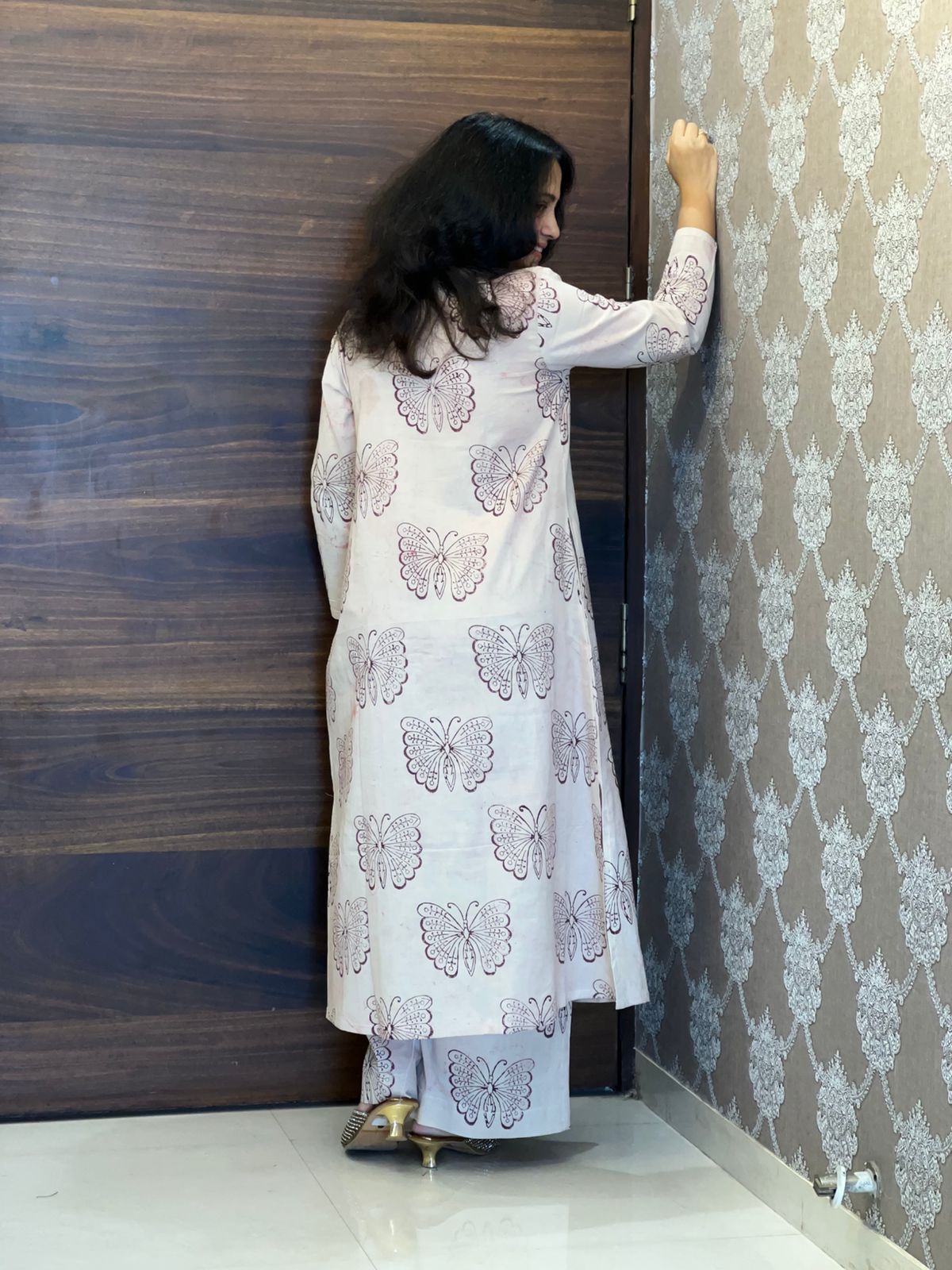 Light Pink Color Dabu Hand Block Print Pure Cotton A Line Kurti With Palazzo