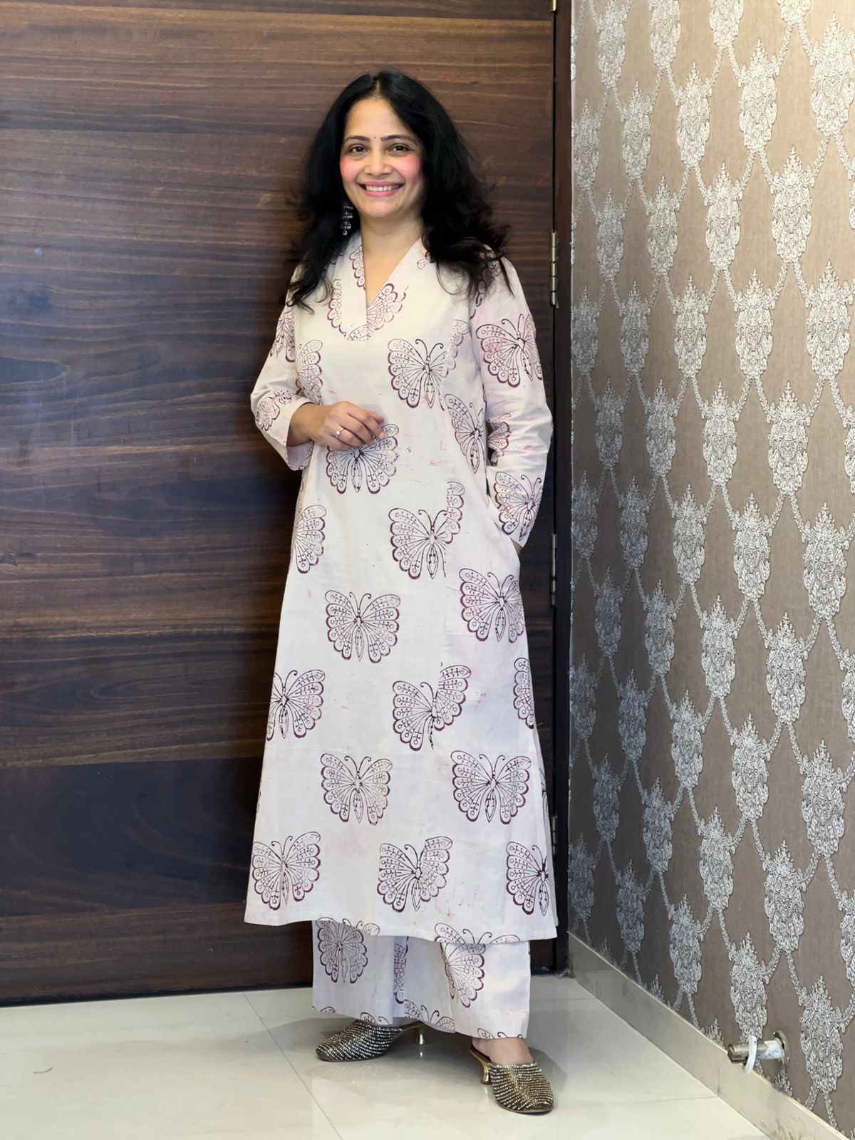 Light Pink Color Dabu Hand Block Print Pure Cotton A Line Kurti With Palazzo