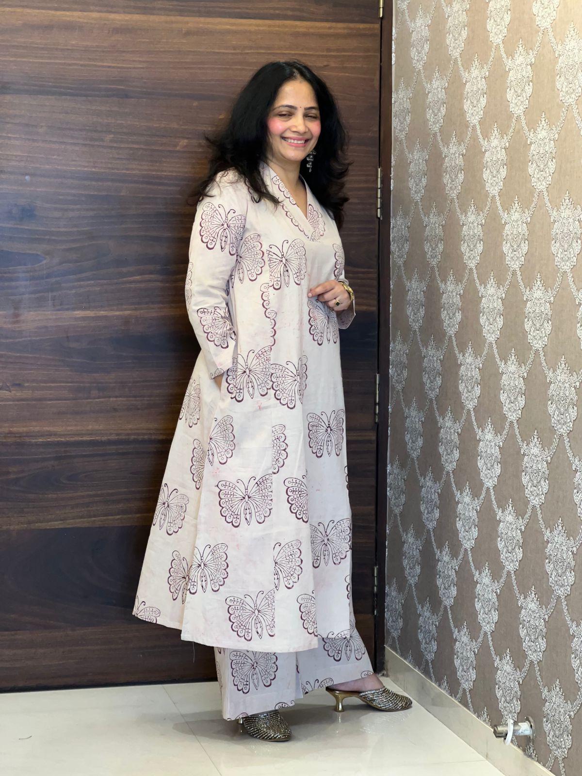 Light Pink Color Dabu Hand Block Print Pure Cotton A Line Kurti With Palazzo
